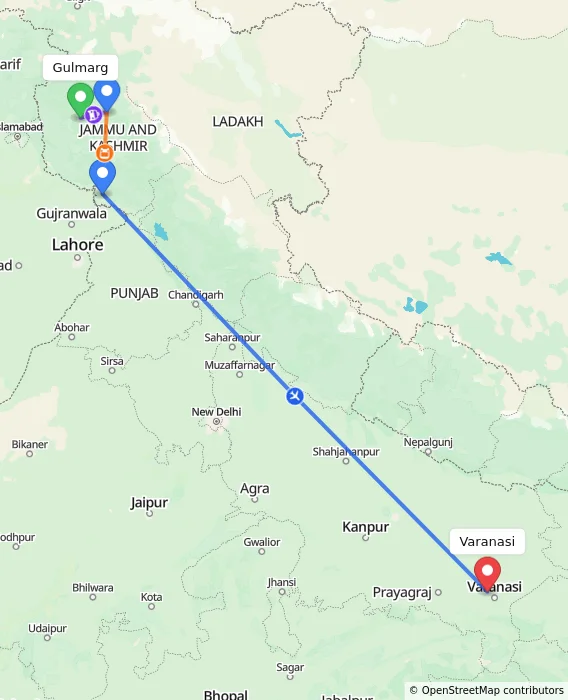 Route map showing distance and travel time from Gulmarg, India to Varanasi, India