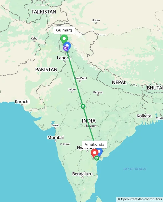 Route map showing distance and travel time from Gulmarg, India to Vinukonda, India