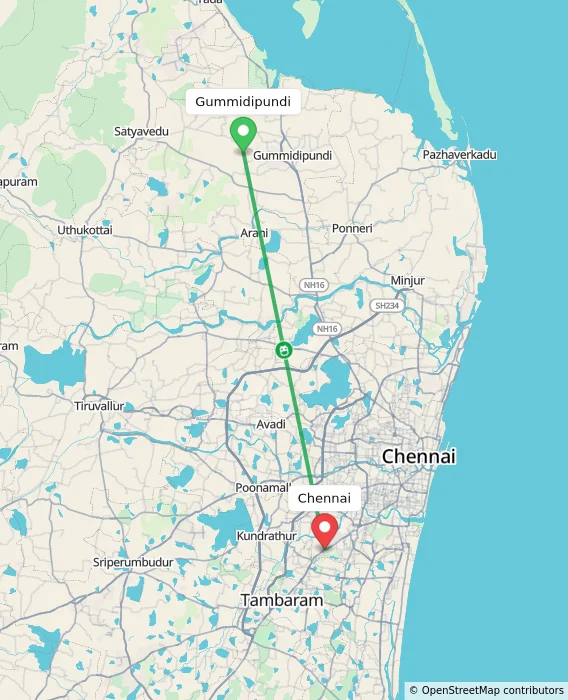 Route map showing distance and travel time from Gummidipundi, India to Chennai, India