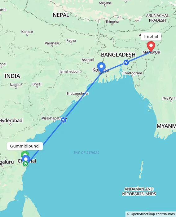 Route map showing distance and travel time from Gummidipundi, India to Imphal, India