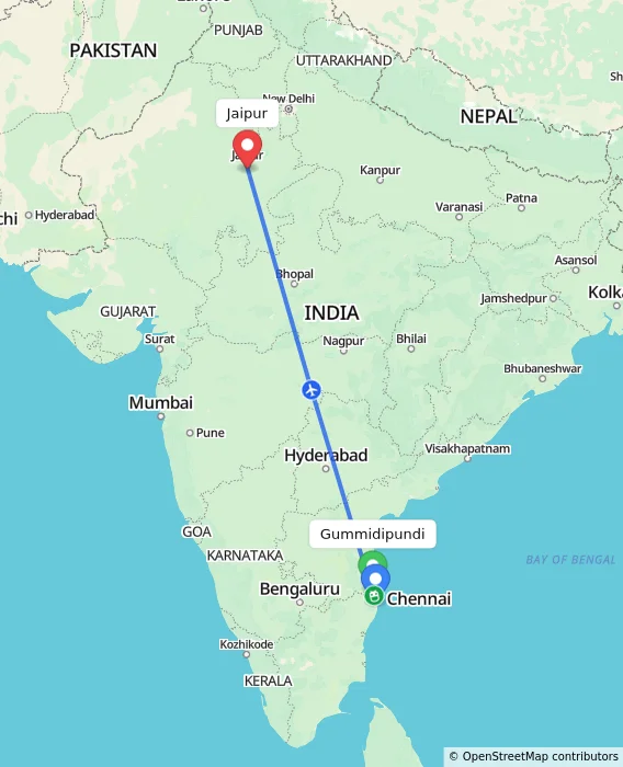 Route map showing distance and travel time from Gummidipundi, India to Jaipur, India