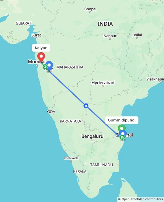 Route map showing distance and travel time from Gummidipundi, India to Kalyan, India
