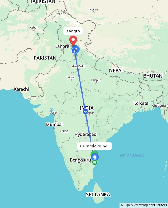 Route map showing distance and travel time from Gummidipundi, India to Kangra, India