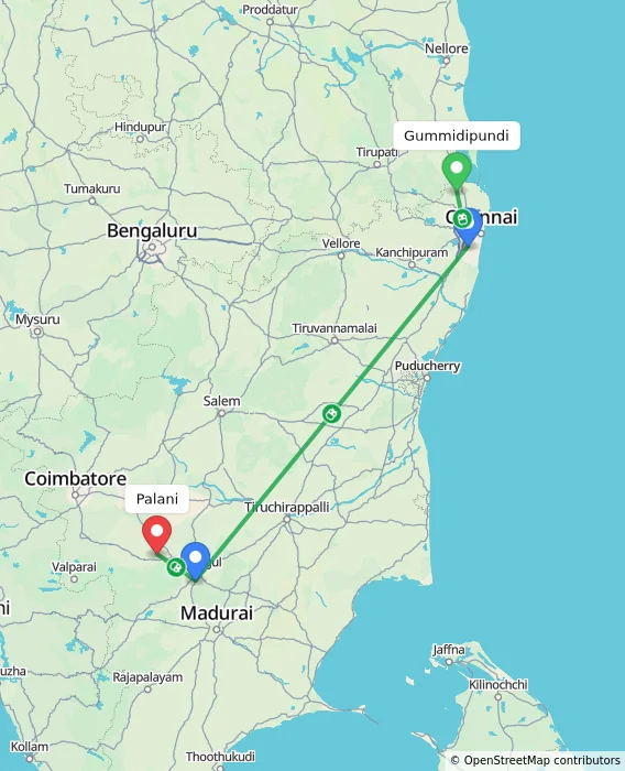 Route map showing distance and travel time from Gummidipundi, India to Palani, India