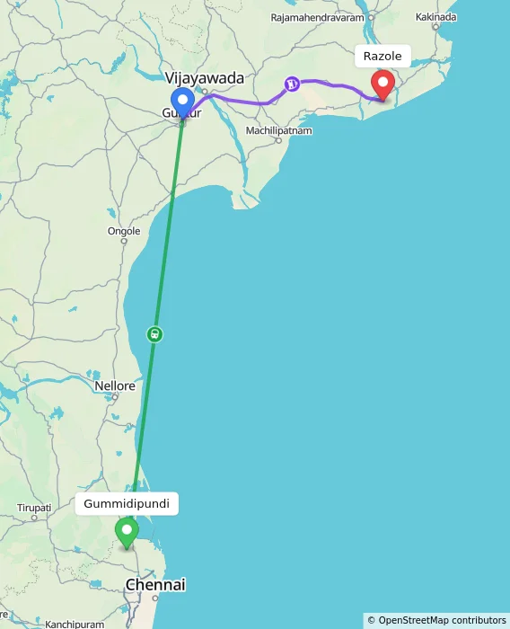 Route map showing distance and travel time from Gummidipundi, India to Razole, India