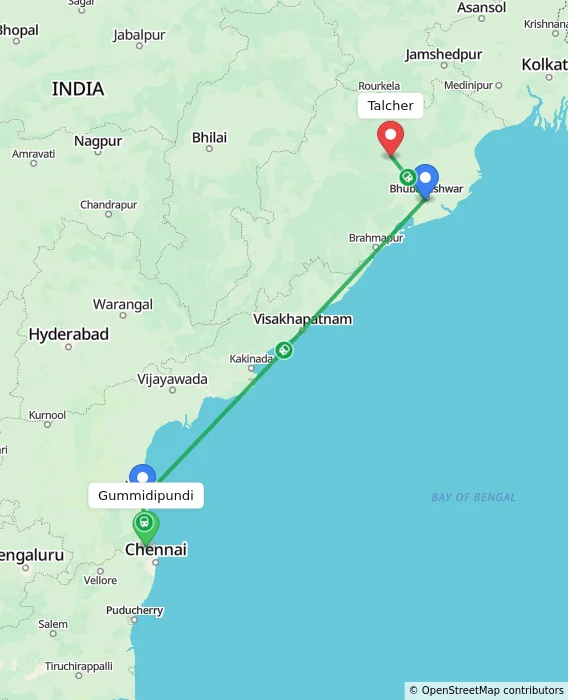 Route map showing distance and travel time from Gummidipundi, India to Talcher, India
