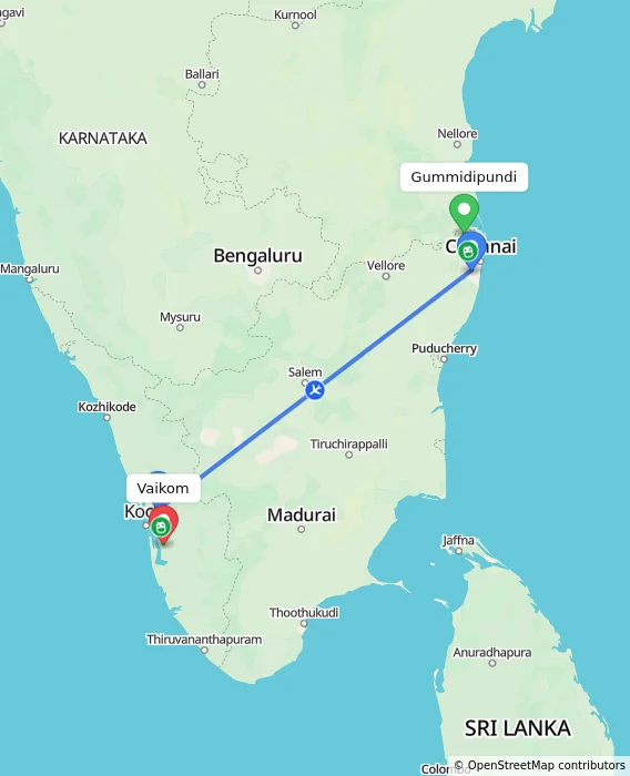 Route map showing distance and travel time from Gummidipundi, India to Vaikom, India