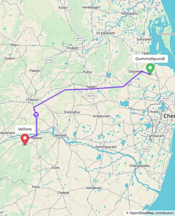 Route map showing distance and travel time from Gummidipundi, India to Vellore, India