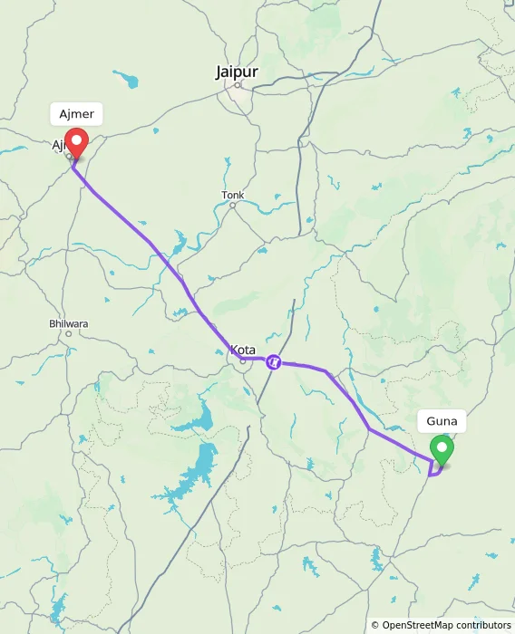Route map showing distance and travel time from Guna, India to Ajmer, India