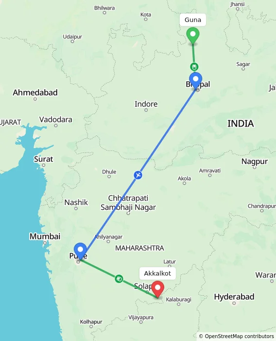 Route map showing distance and travel time from Guna, India to Akkalkot, India