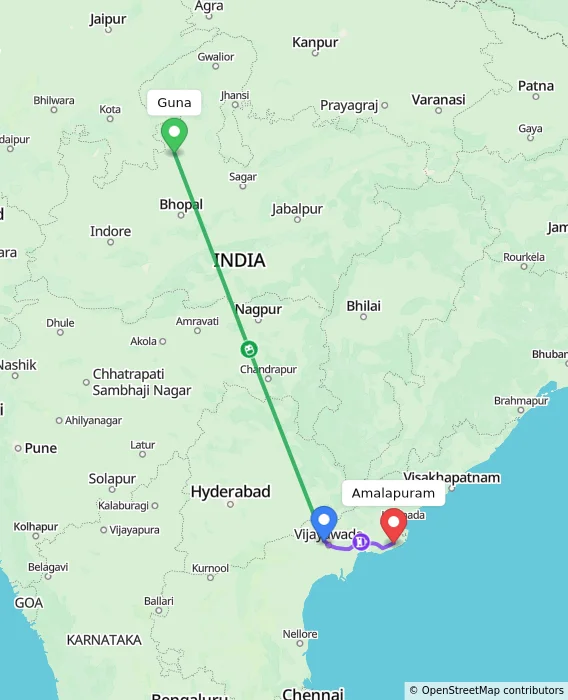 Route map showing distance and travel time from Guna, India to Amalapuram, India
