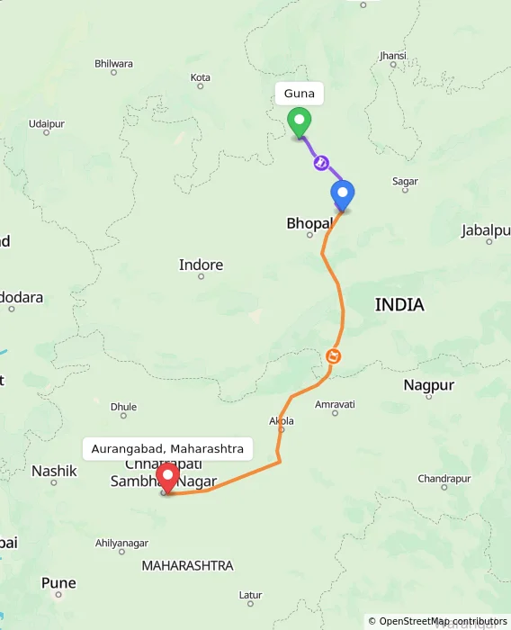 Route map showing distance and travel time from Guna, India to Aurangabad, Maharashtra, India