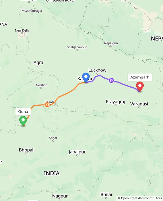 Route map showing distance and travel time from Guna, India to Azamgarh, India
