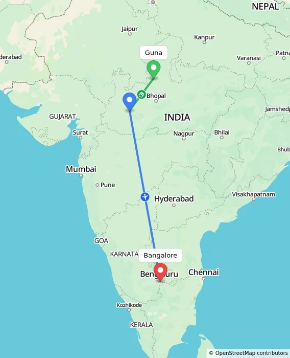 Route map showing distance and travel time from Guna, India to Bangalore, India