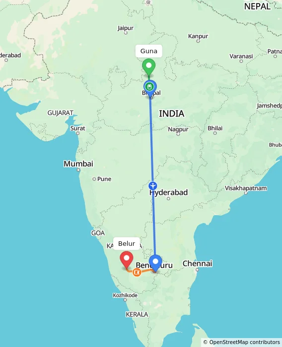 Route map showing distance and travel time from Guna, India to Belur, India