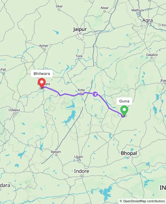 Route map showing distance and travel time from Guna, India to Bhilwara, India