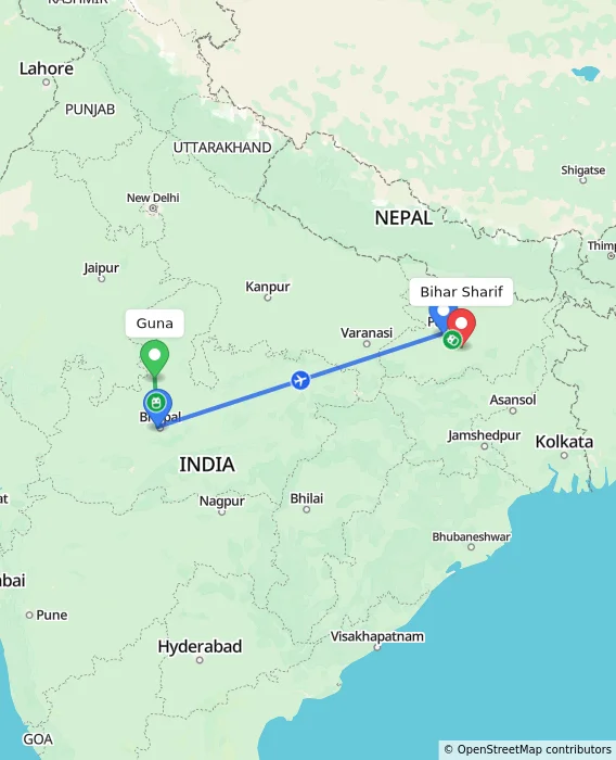 Route map showing distance and travel time from Guna, India to Bihar Sharif, India