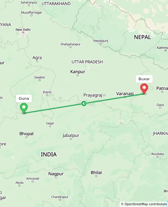Route map showing distance and travel time from Guna, India to Buxar, India