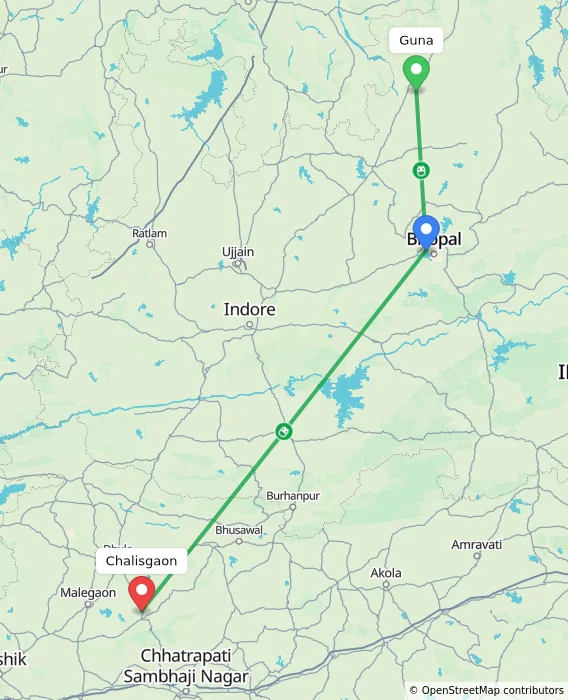 Route map showing distance and travel time from Guna, India to Chalisgaon, India