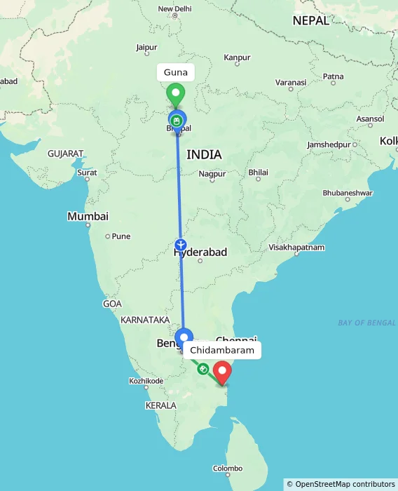 Route map showing distance and travel time from Guna, India to Chidambaram, India