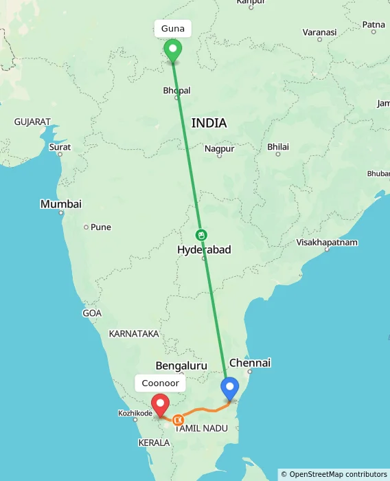 Route map showing distance and travel time from Guna, India to Coonoor, India