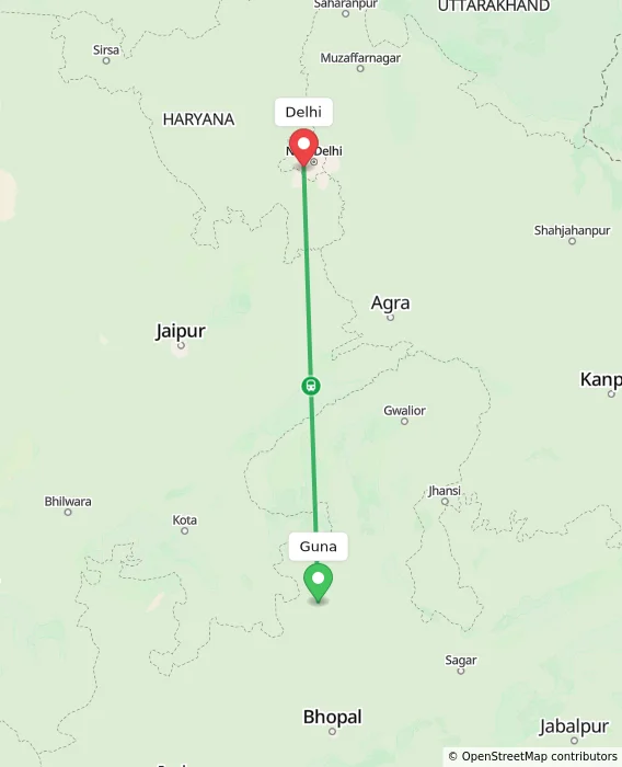Route map showing distance and travel time from Guna, India to Delhi, India