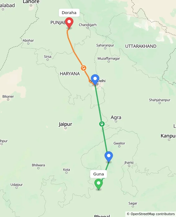 Route map showing distance and travel time from Guna, India to Doraha, India