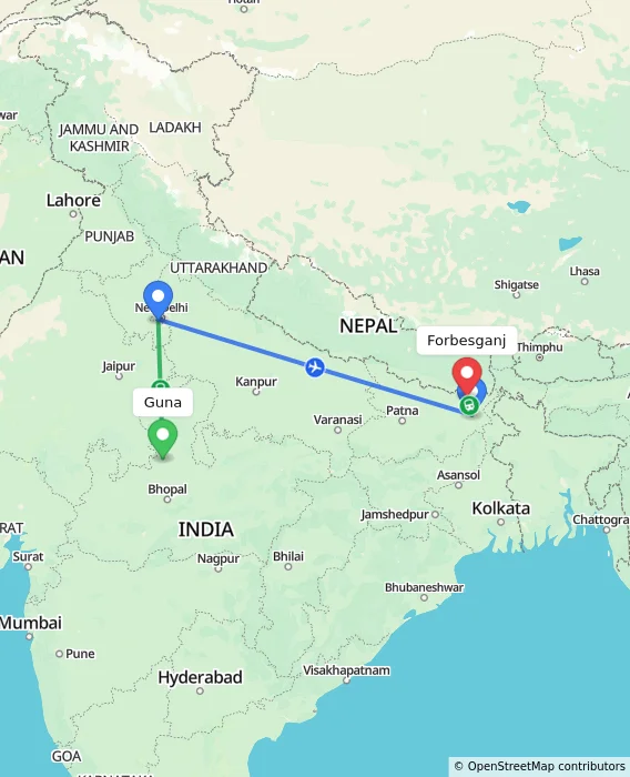 Route map showing distance and travel time from Guna, India to Forbesganj, India