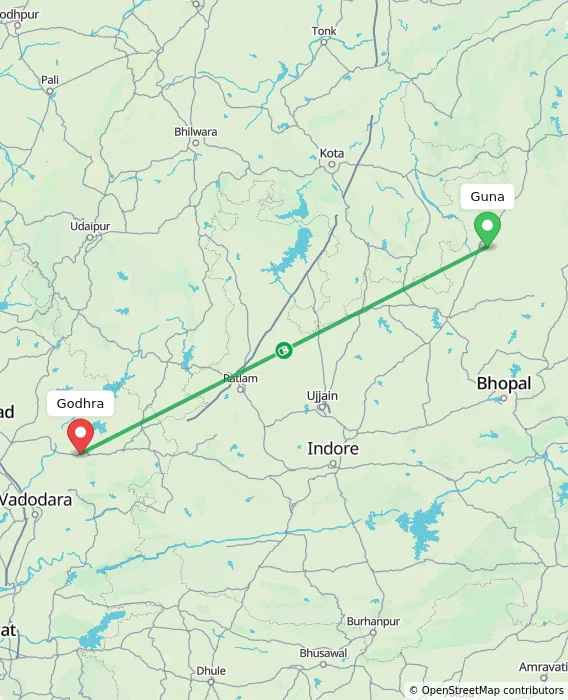 Route map showing distance and travel time from Guna, India to Godhra, India