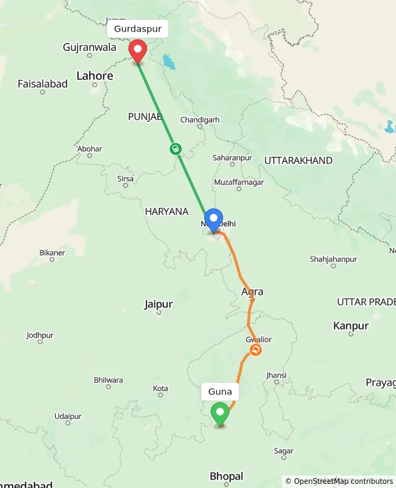 Route map showing distance and travel time from Guna, India to Gurdaspur, India