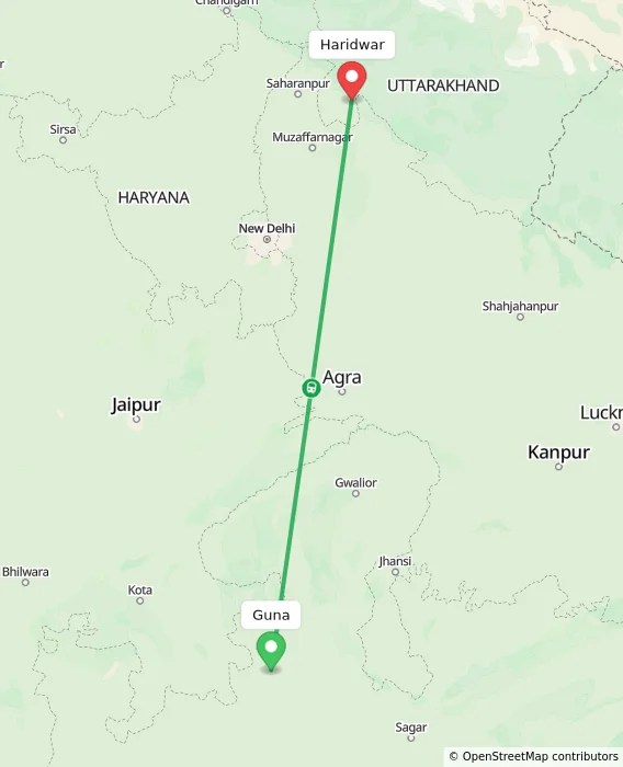 Route map showing distance and travel time from Guna, India to Haridwar, India