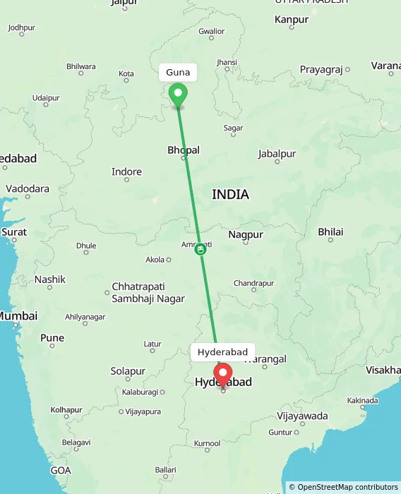 Route map showing distance and travel time from Guna, India to Hyderabad, India