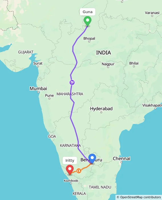 Route map showing distance and travel time from Guna, India to Iritty, India