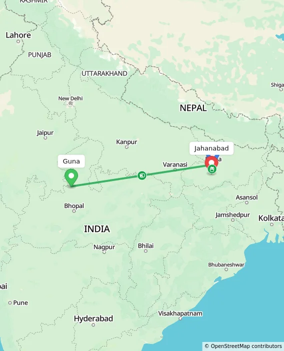 Route map showing distance and travel time from Guna, India to Jahanabad, India