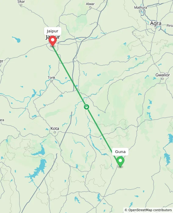 Route map showing distance and travel time from Guna, India to Jaipur, India