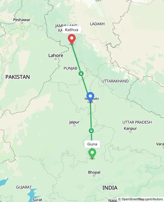 Route map showing distance and travel time from Guna, India to Kathua, India