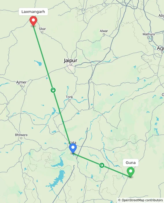 Route map showing distance and travel time from Guna, India to Laxmangarh, India