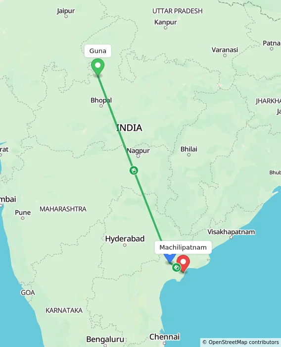 Route map showing distance and travel time from Guna, India to Machilipatnam, India