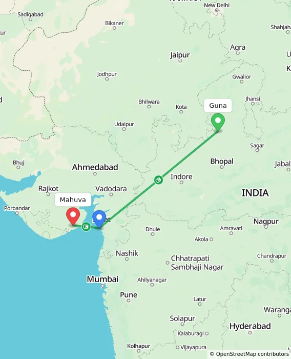 Route map showing distance and travel time from Guna, India to Mahuva, India
