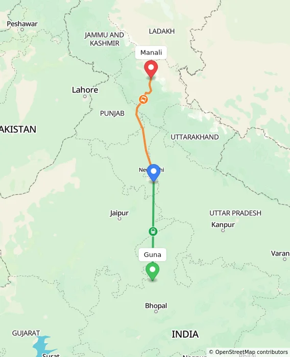 Route map showing distance and travel time from Guna, India to Manali, India