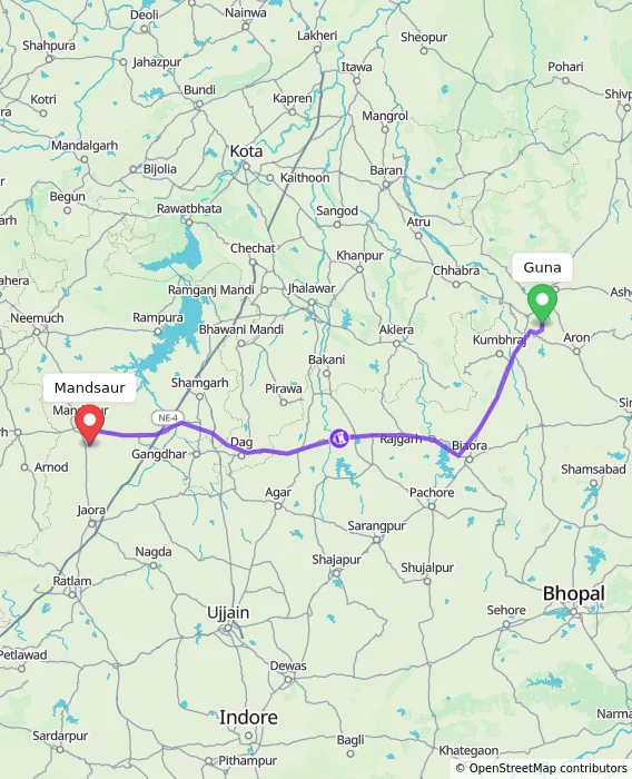 Route map showing distance and travel time from Guna, India to Mandsaur, India