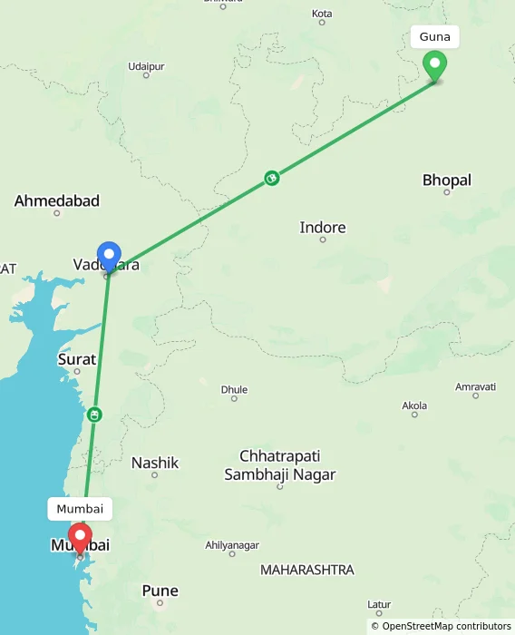 Route map showing distance and travel time from Guna, India to Mumbai, India