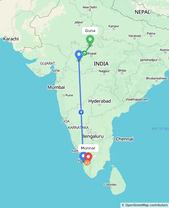 Route map showing distance and travel time from Guna, India to Munnar, India