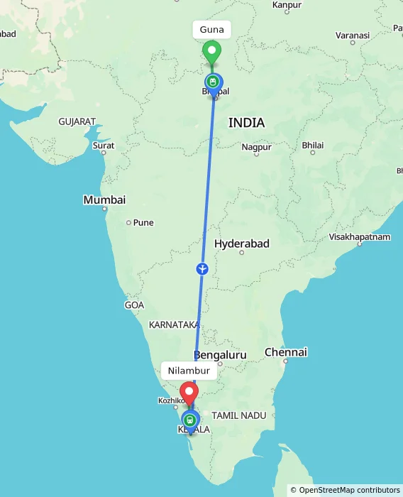 Route map showing distance and travel time from Guna, India to Nilambur, India