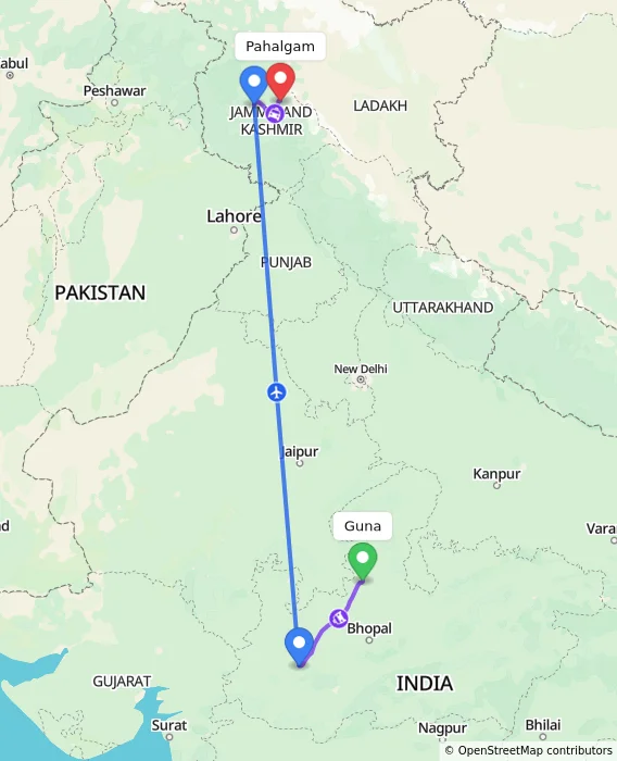 Route map showing distance and travel time from Guna, India to Pahalgam, India