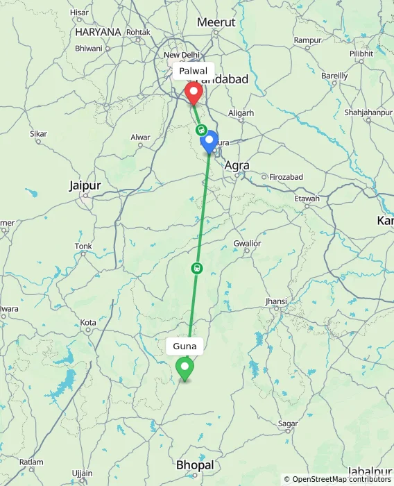 Route map showing distance and travel time from Guna, India to Palwal, India
