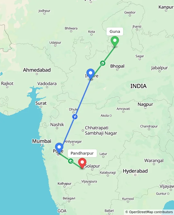 Route map showing distance and travel time from Guna, India to Pandharpur, India
