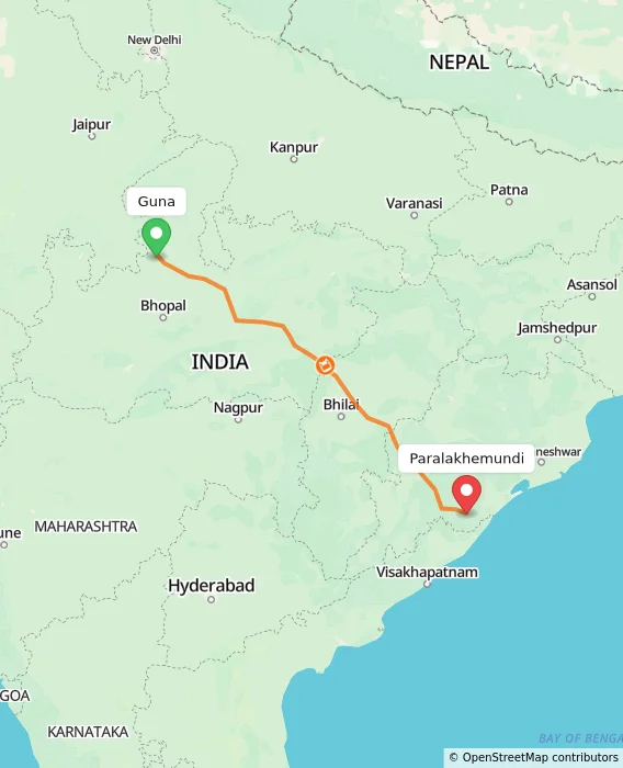 Route map showing distance and travel time from Guna, India to Paralakhemundi, India