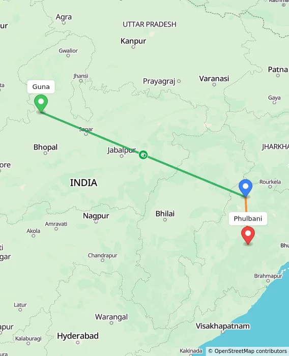 Route map showing distance and travel time from Guna, India to Phulbani, India