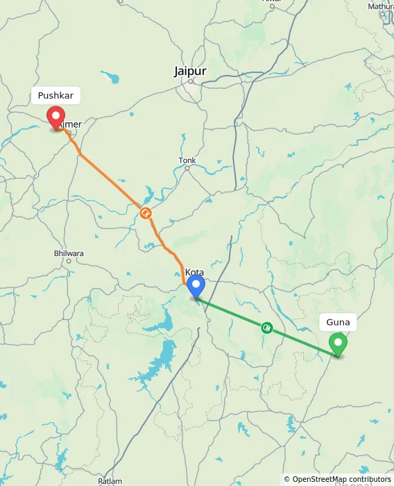 Route map showing distance and travel time from Guna, India to Pushkar, India